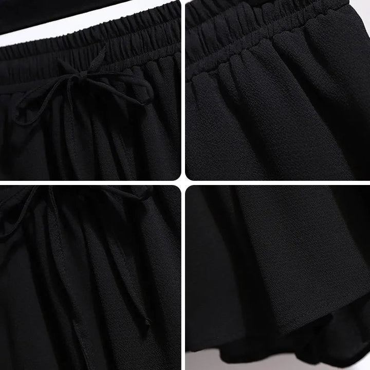 Schwarzer Chiffon-Rock mit elastischem Bund und Kordelzug, Damenmode, elegant und luftig.