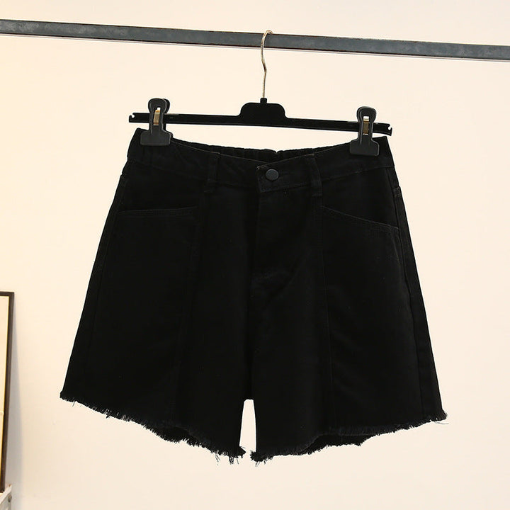 Schwarze Damen-Jeansshorts, Fransen, Knopfverschluss, lässig, Sommermode.