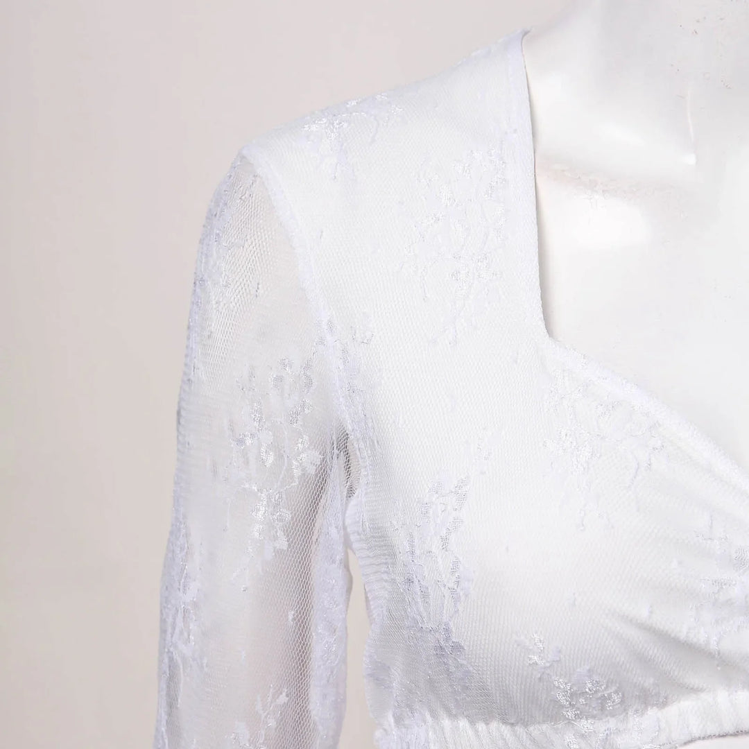 Weiße Spitzenbluse Damen, V-Ausschnitt, langärmlig, elegant, modisch, hochwertig
