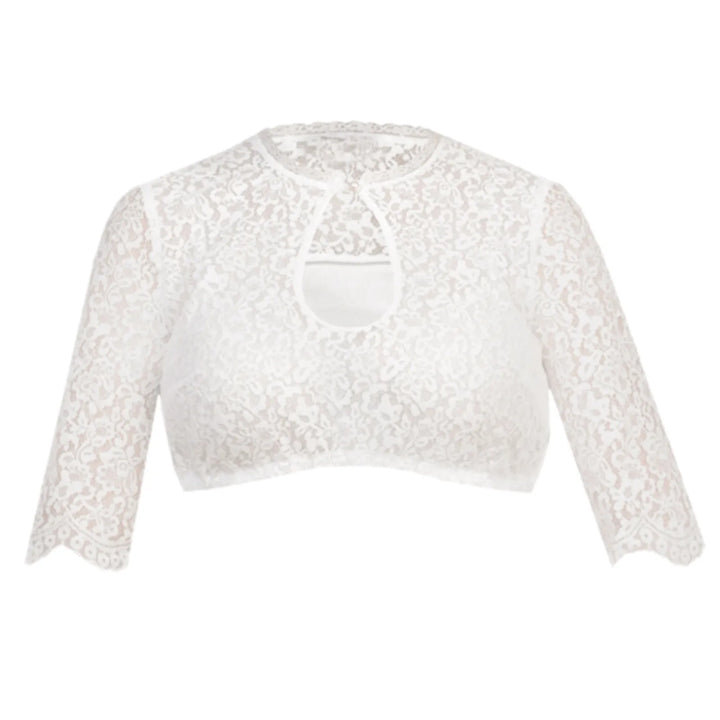 Weiße Spitzenbluse Damen, 3/4-Ärmel, Rundhalsausschnitt, elegant, festlich, Modeaccessoire.
