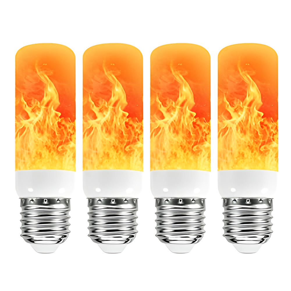 Vier LED-Flammenlampen, E27, warmweiß, energiesparend, dekorativ für Innenräume.