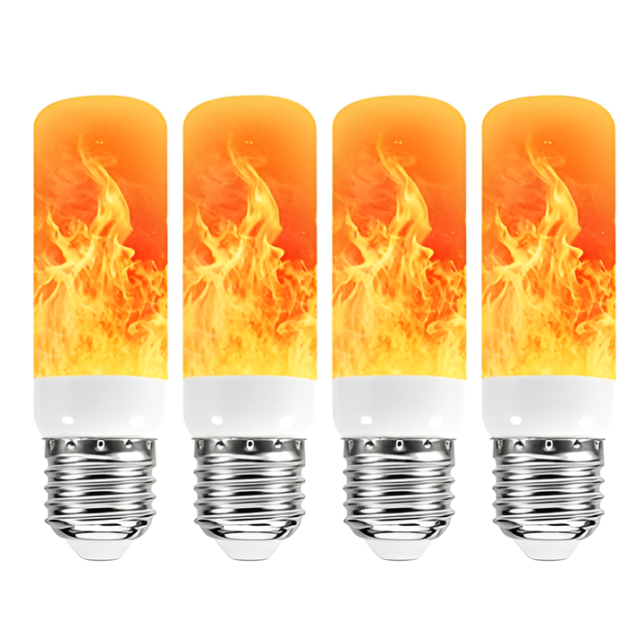 Vier LED-Flammenlampen, E27, warmweiß, energiesparend, dekorativ für Innenräume.