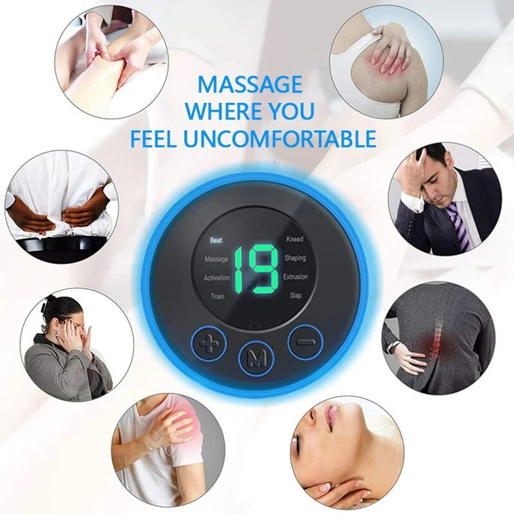Elektronisches Massagegerät, rund, blau, mit digitalem Display, für Schmerzlinderung.