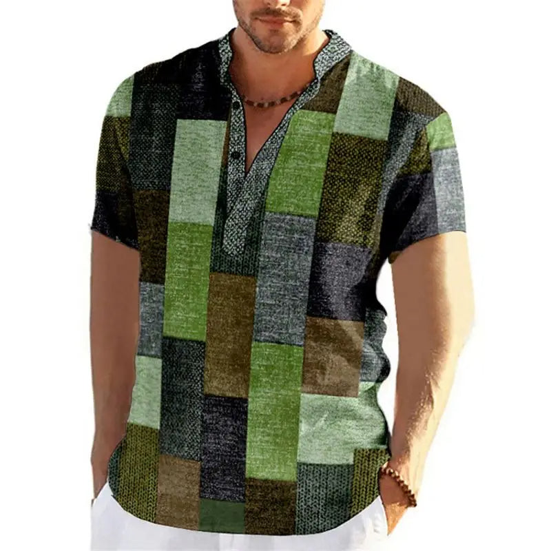 Herrenhemd mit Patchwork-Design, grün und grau, kurzärmelig, lässig, Baumwolle.