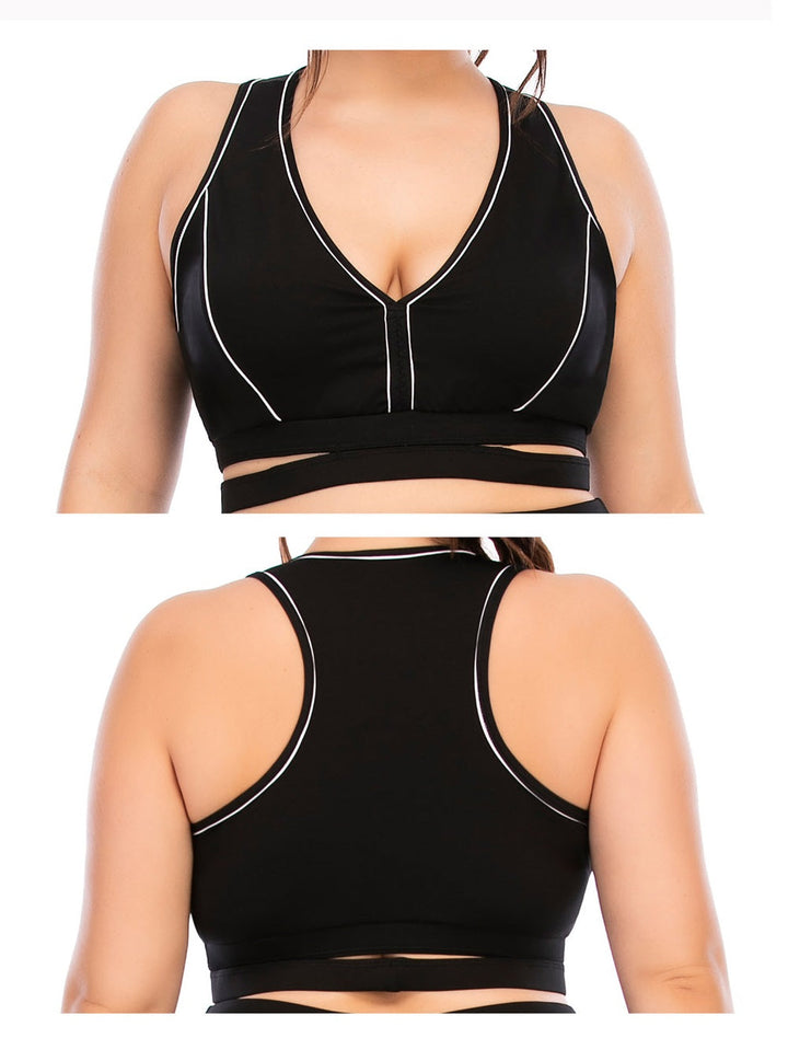 Schwarzes Sport-BH-Top für Damen, V-Ausschnitt, Racerback, Plus-Size, Fitnessbekleidung.