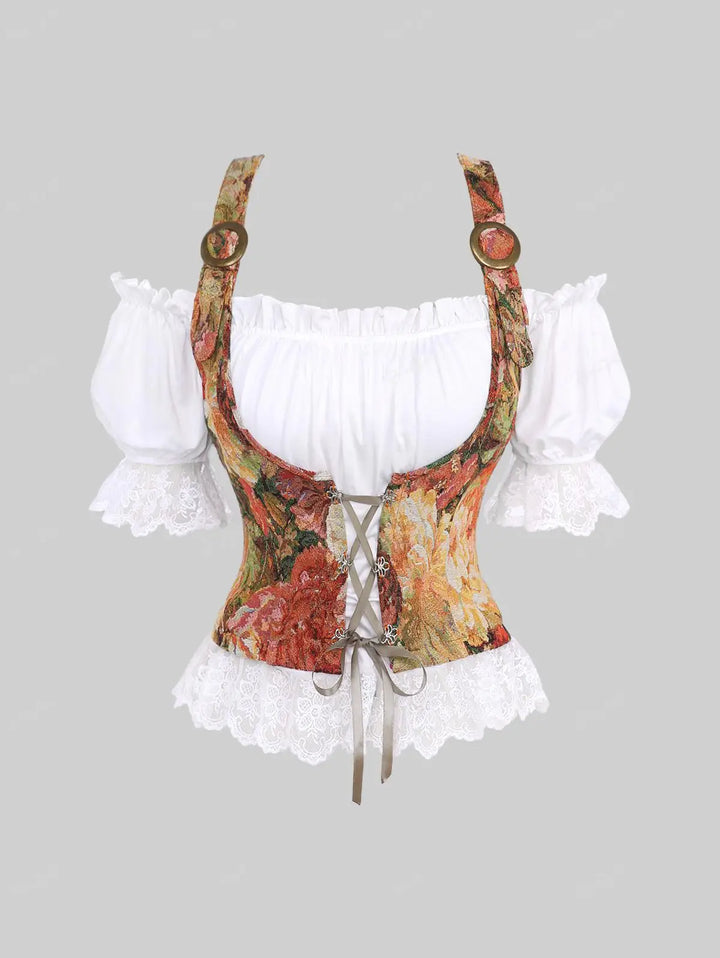 Damen Dirndl Mieder, buntes Blumenmuster, weiße Puffärmel, traditionell, Trachtenmode.