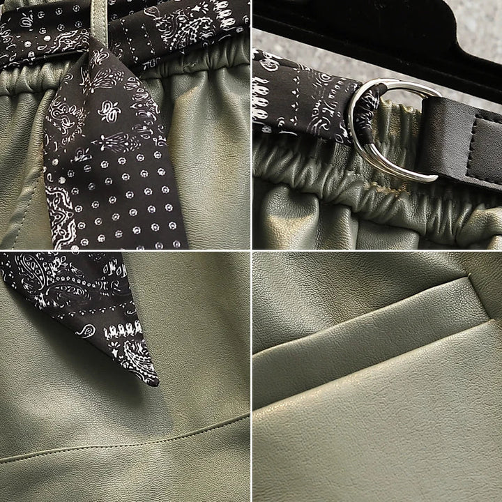 Grüne Lederhose mit schwarzem Bandana-Gürtel, Detailansicht, modisch, elegant, Damenmode.