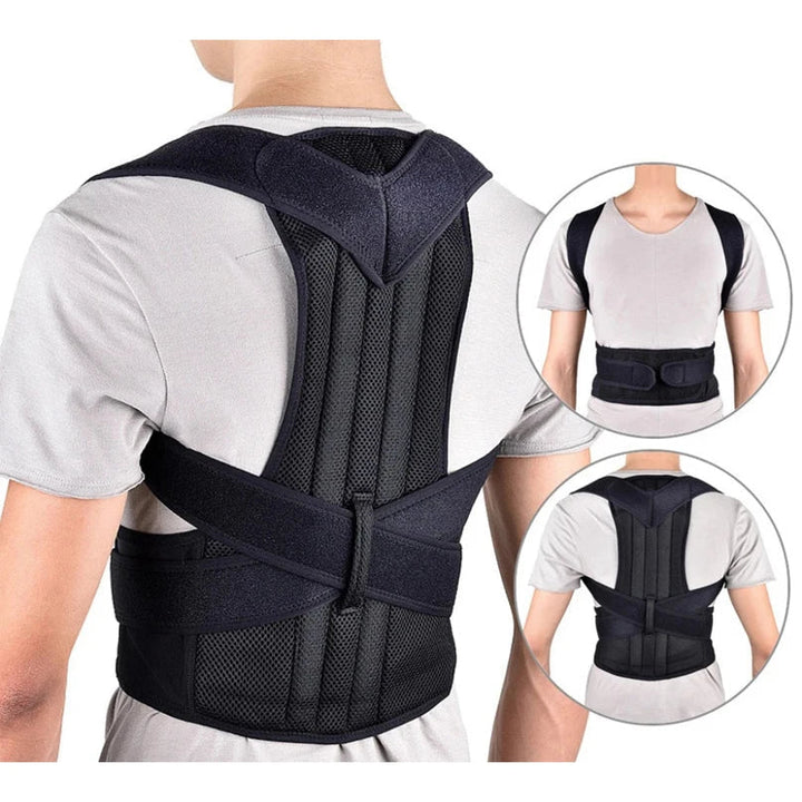 Rückenstützgurt für Haltungskorrektur, schwarz, verstellbar, Unisex, für besseren Rückenkomfort.