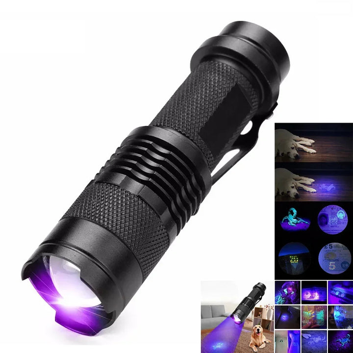 Schwarze UV-Taschenlampe, tragbar, Aluminium, für Haustierflecken und Sicherheitsüberprüfung.