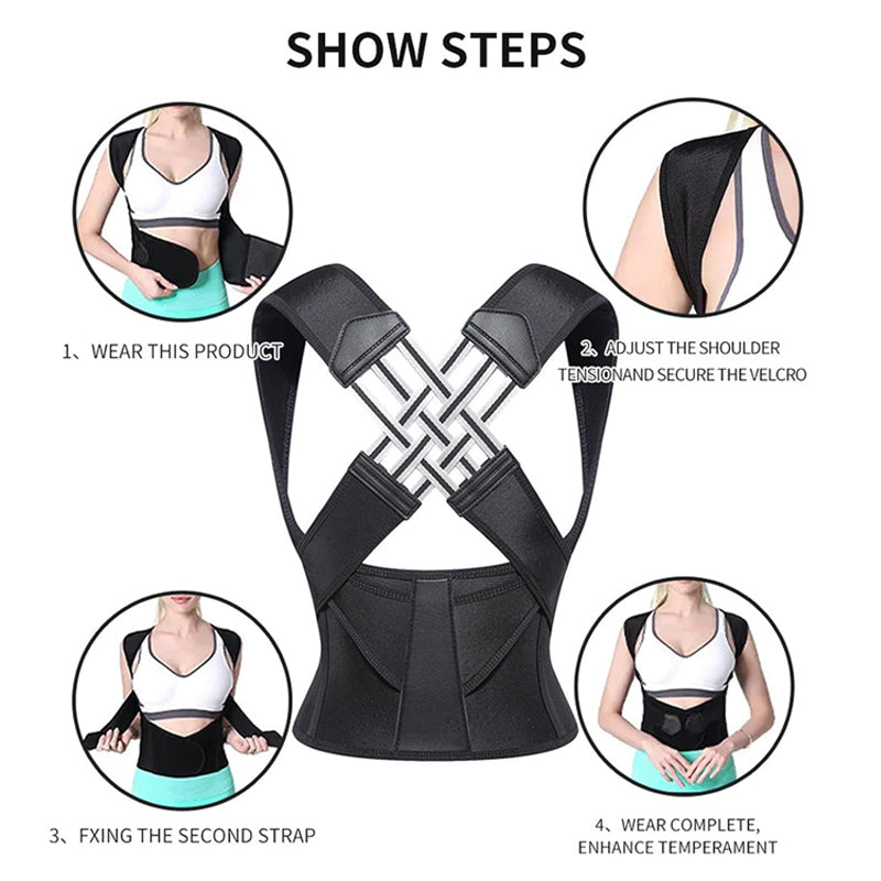 Schwarzer Rückenstützgurt für Haltungskorrektur, verstellbar, Unisex, Fitness, Gesundheit.