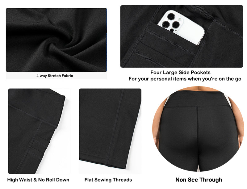 Schwarze Leggings mit vier Seitentaschen, 4-Wege-Stretch, hohe Taille, nicht durchsichtig.