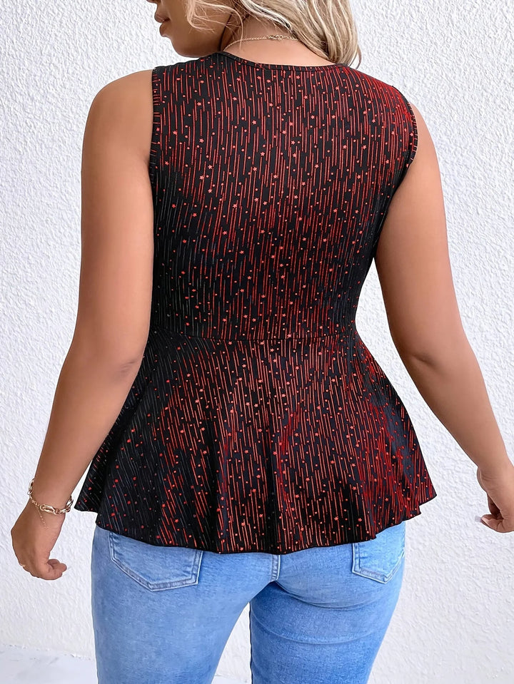 Frau in schwarzer, ärmelloser Bluse mit rotem Muster, Jeans, Rückansicht, Mode, Damenbekleidung.