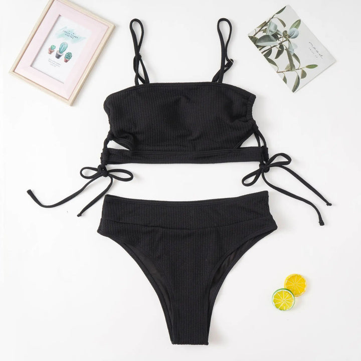 Schwarzer Bikini-Set Damen, gerippt, mit verstellbaren Trägern, modisch, Sommermode.