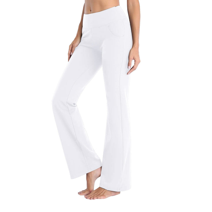 Weiße Damen-Yogahose, Bootcut, elastisch, bequem, ideal für Sport und Freizeit.