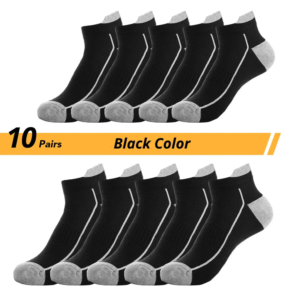 10 Paar schwarze Sportsocken, Knöchellänge, graue Ferse und Zehen, atmungsaktiv, Unisex.