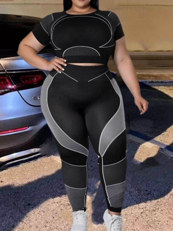Damen Sport-Set, schwarz-grau, Plus Size, Fitness-Outfit, atmungsaktiv, elastisch.