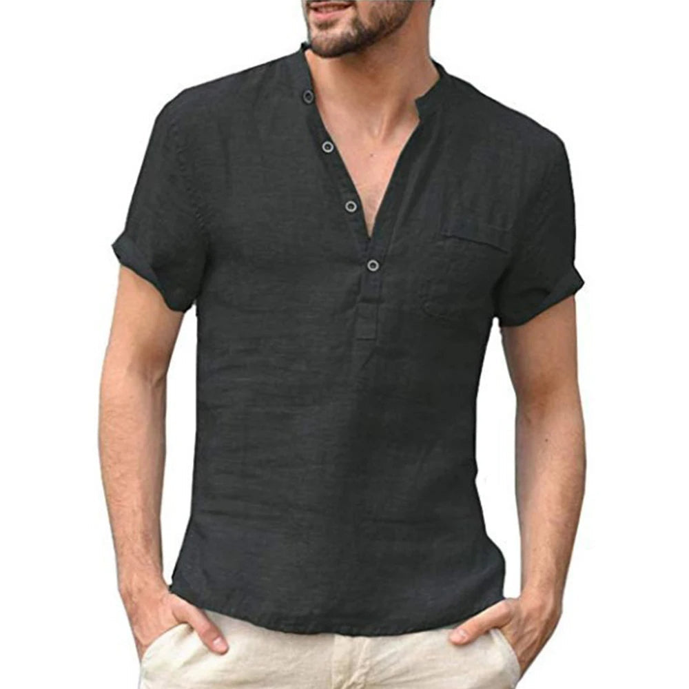 Männer Leinenhemd schwarz, kurzärmelig, Stehkragen, lässig, Sommermode, Knopfleiste.