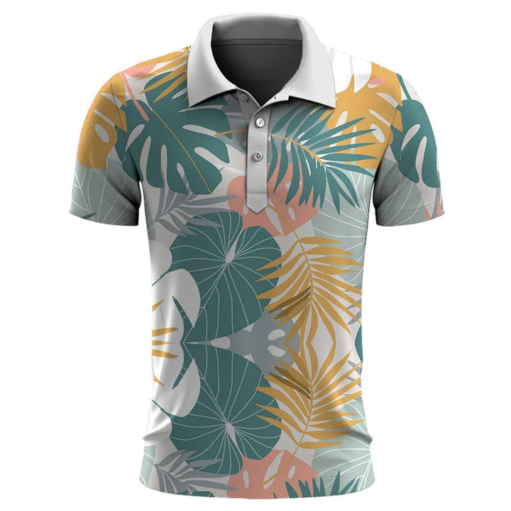 Herren-Poloshirt mit tropischem Blattmuster, mehrfarbig, kurzärmelig, Freizeitmode.