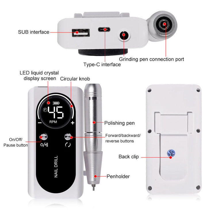Elektrische Nagelfeile mit LED-Display, Polierstift, USB-C-Anschluss, weißes Design.