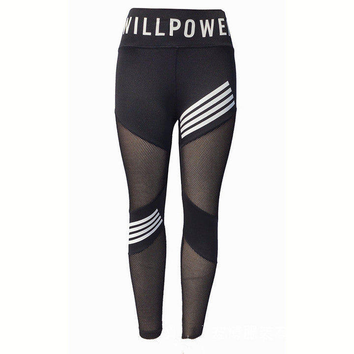 Schwarze Damen-Leggings mit Netzstoff, Streifenmuster, hoher Bund, Sportbekleidung.