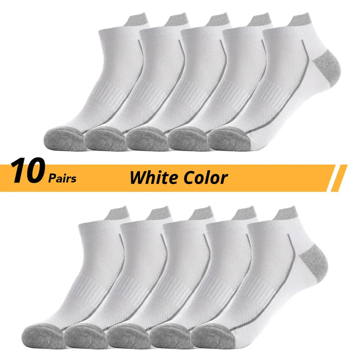 10 Paar weiße Sportsocken, atmungsaktiv, knöchelhoch, graue Ferse und Zehen.