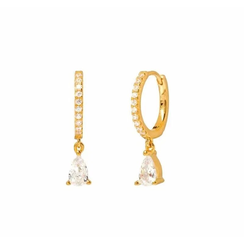 Goldene Creolen mit Zirkonia-Anhänger, eleganter Schmuck, Damen-Ohrringe, modisch, glänzend.