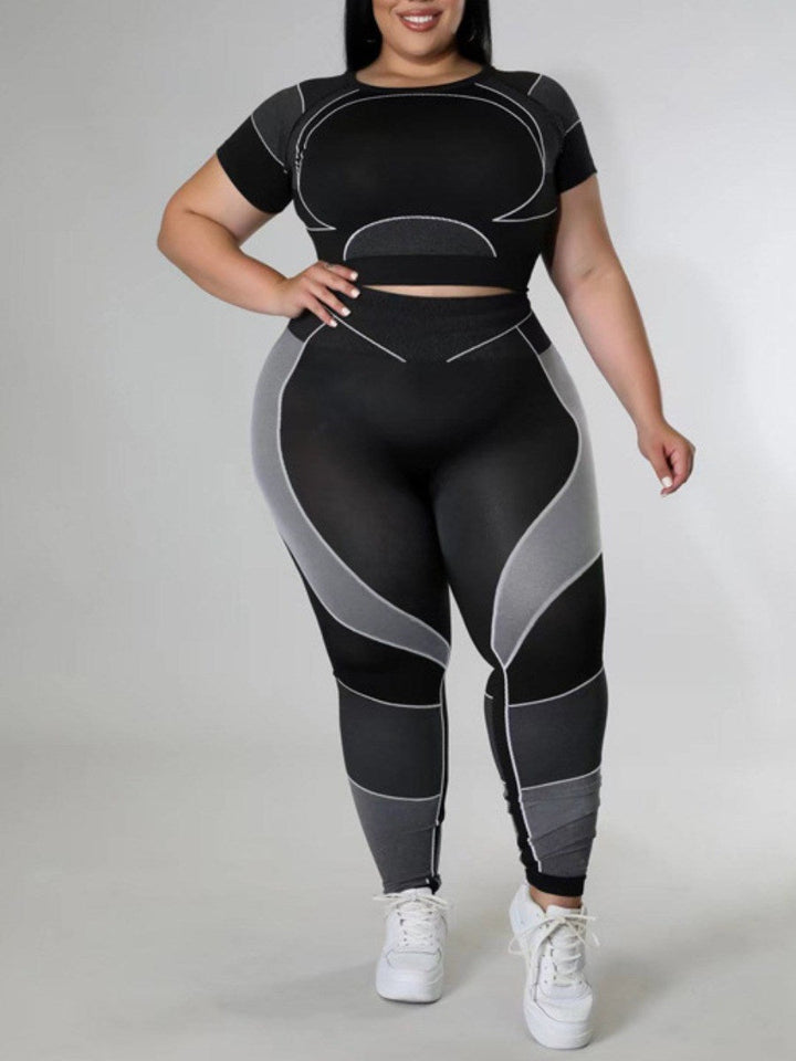 Damen Sport-Set, schwarz-grau, Plus-Size, Leggings und Crop-Top, Fitnessbekleidung.