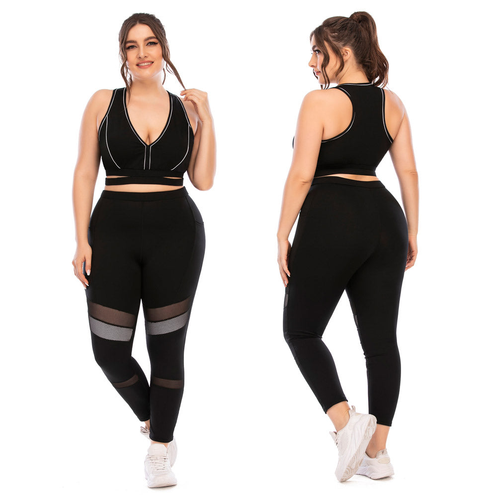 Damen Sportbekleidung Set, schwarz, Plus Size, Leggings mit Mesh, Fitness Outfit, Vorder- und Rückansicht.