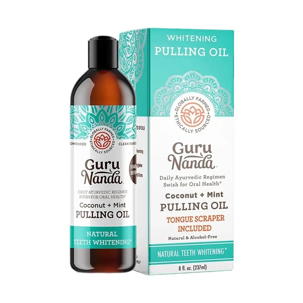 Guru Nanda Ölziehen Kokosnuss Minze, Zahnaufhellung, 237ml, ayurvedisch, Zungenschaber enthalten.