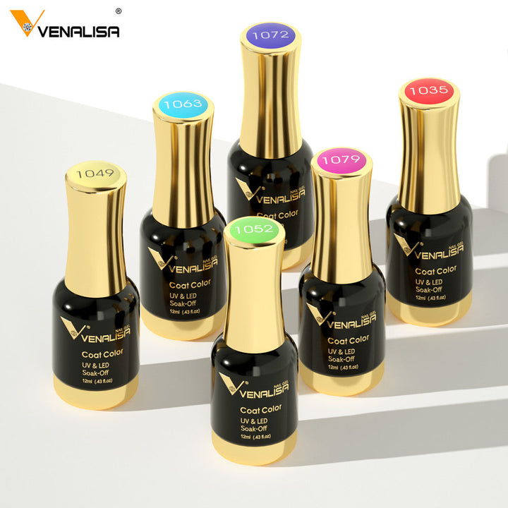 Sechs Venalisa UV LED Nagellackflaschen in verschiedenen Farben auf weißem Hintergrund.