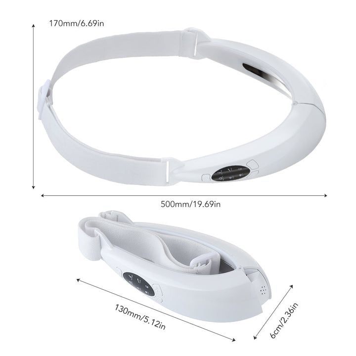 Weißes Nackenmassagegerät mit verstellbarem Band, digitalem Display, ergonomisches Design.