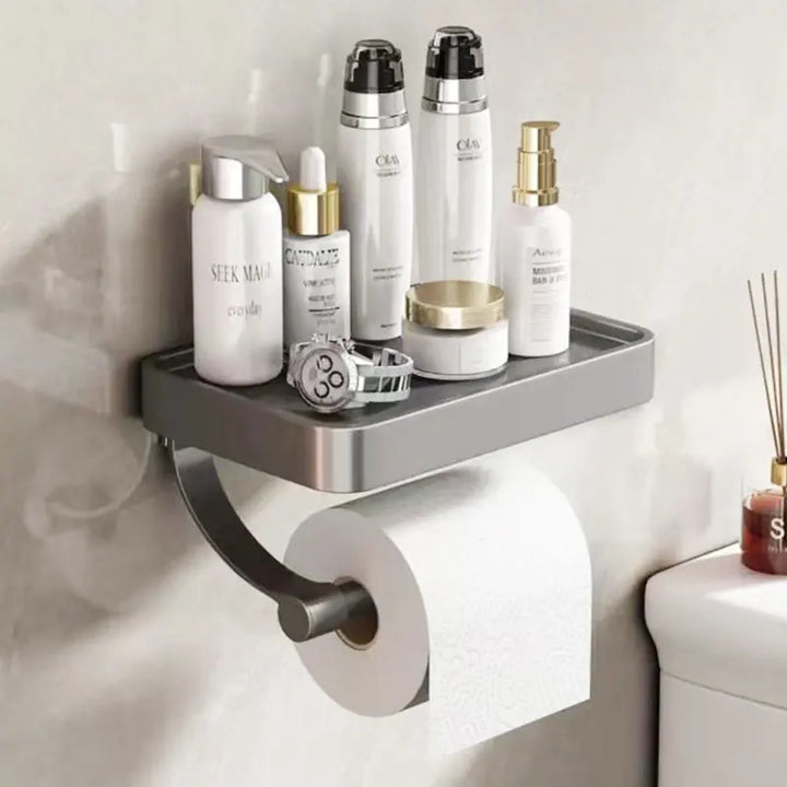Wandregal mit Toilettenpapierhalter, Edelstahl, Badzubehör, modern, platzsparend.