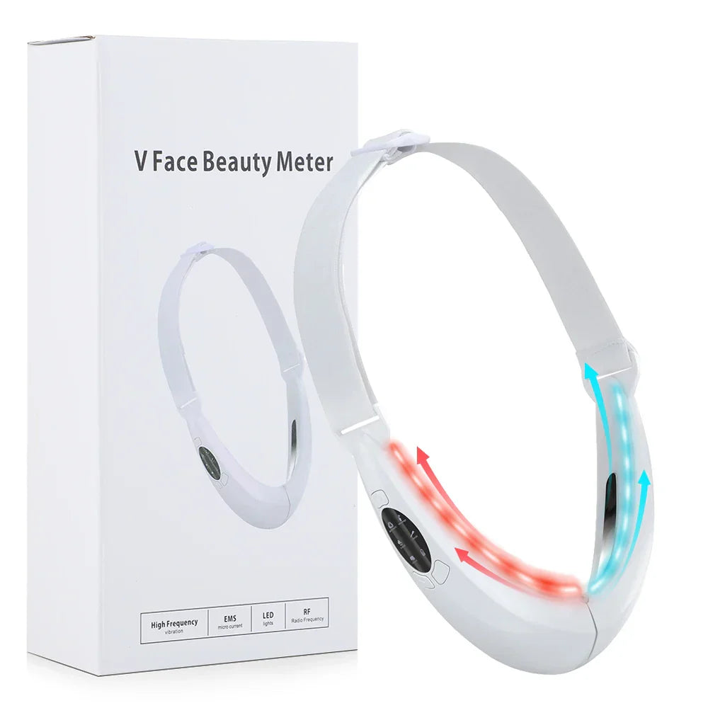 V-förmiges Gesichtsgerät, weiß, LED-Lichttherapie, Hautstraffung, Anti-Aging, EMS-Technologie.