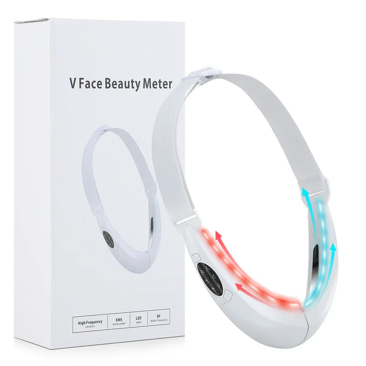V-förmiges Gesichtsgerät, weiß, LED-Lichttherapie, Hautstraffung, Anti-Aging, EMS-Technologie.