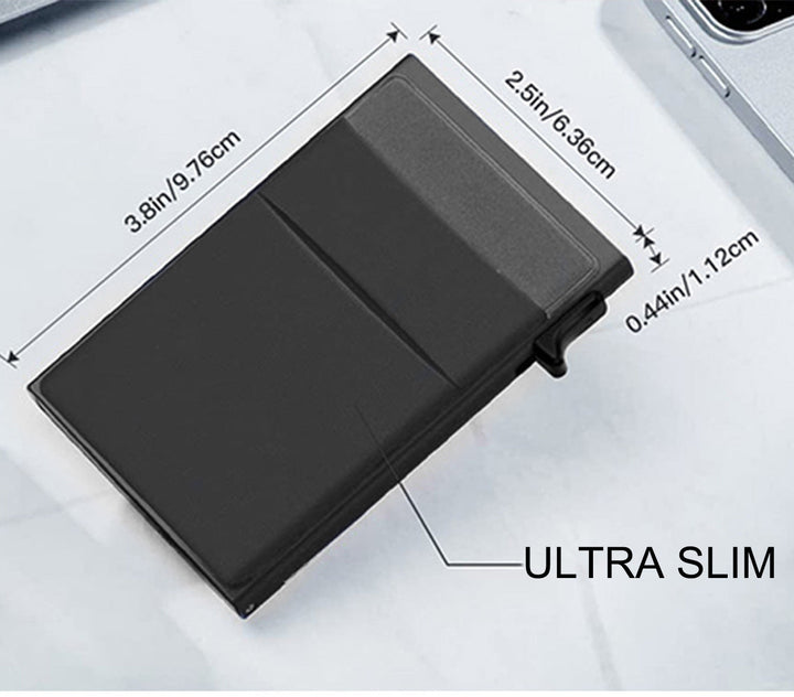 Ultradünne schwarze Geldbörse, minimalistisches Design, kompakt, ideal für Karten und Bargeld.