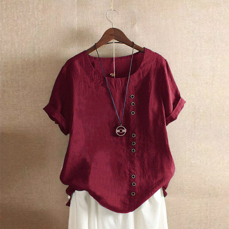 Damen Bluse rot Leinen, Kurzarm, Knopfleiste, lässig, Sommermode, elegant, bequem.