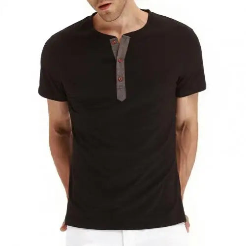 Schwarzes Herren-Henley-Shirt, Kurzarm, Knopfleiste, Baumwolle, lässig, modisch.