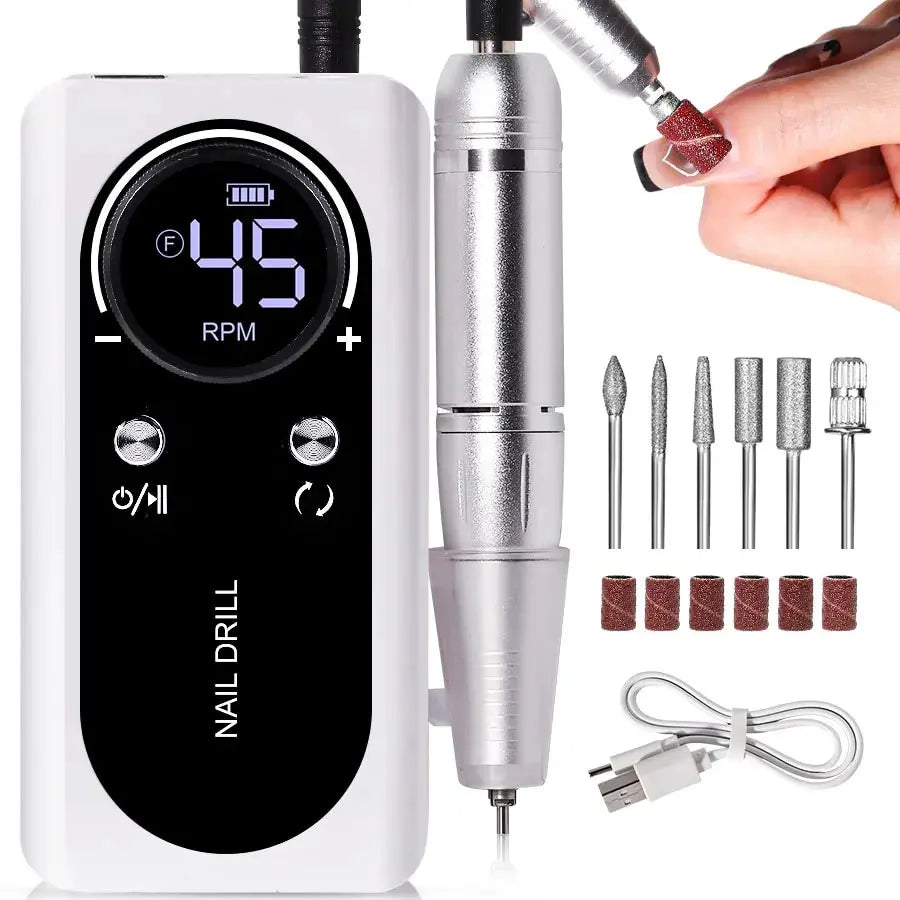 Elektrische Nagelfräse Set, weiß, mit Aufsätzen, für Maniküre und Pediküre, USB-Ladekabel.