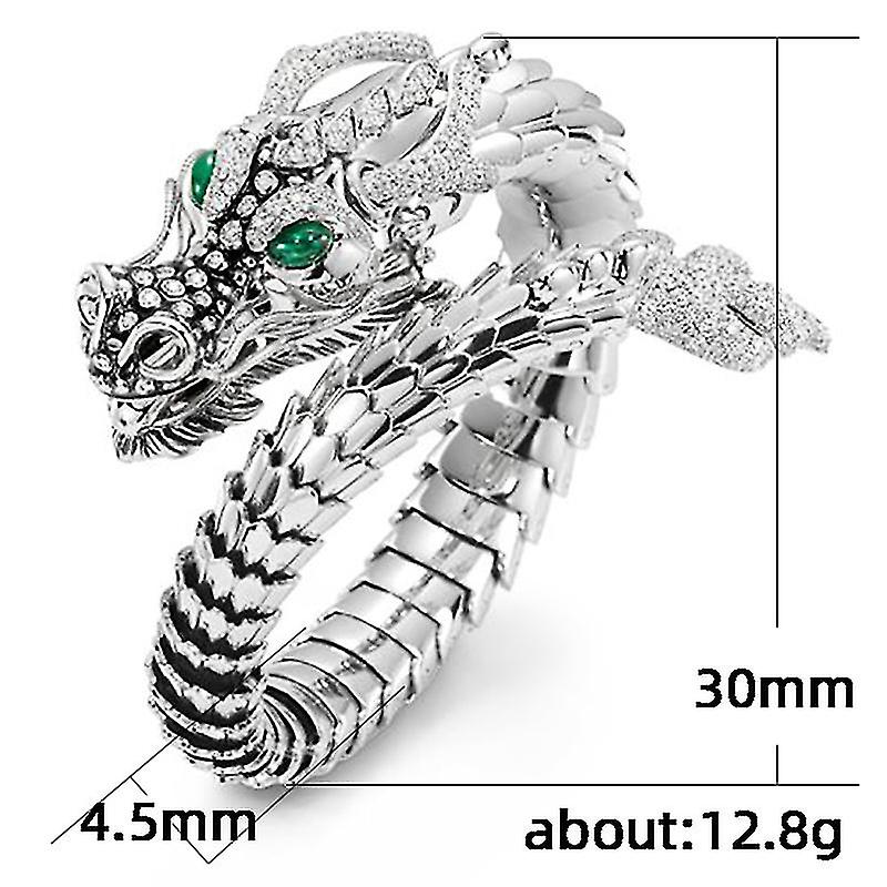 Silberner Drachenring mit grünen Augen, verstellbar, 30mm, 12,8g, Schmuck für Damen und Herren.