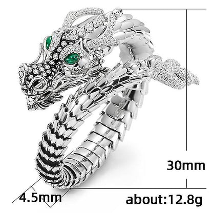 Silberner Drachenring mit grünen Augen, verstellbar, 30mm, 12,8g, Schmuck für Damen und Herren.