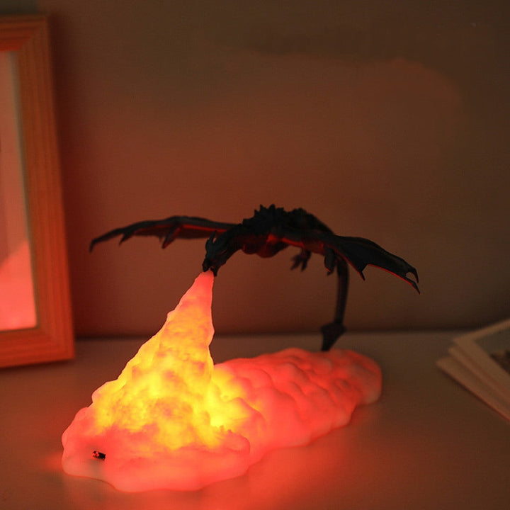 Drachenlampe mit Flammenlicht, LED, dekorativ, schwarz und orange, für Kinderzimmer.