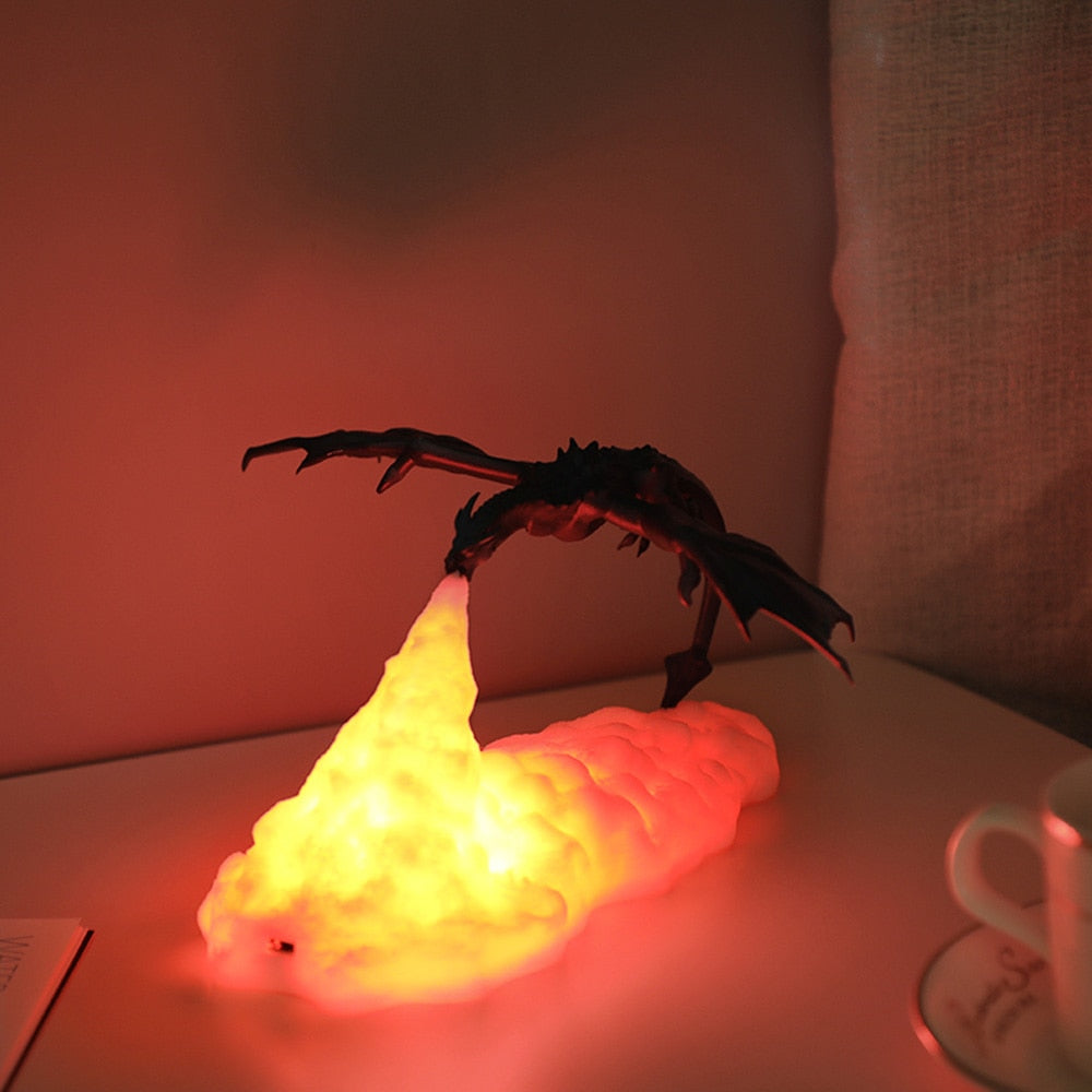 Drachenlampe mit Feuerdesign, LED, warmes Licht, dekorativ, Nachttisch, schwarz-orange.