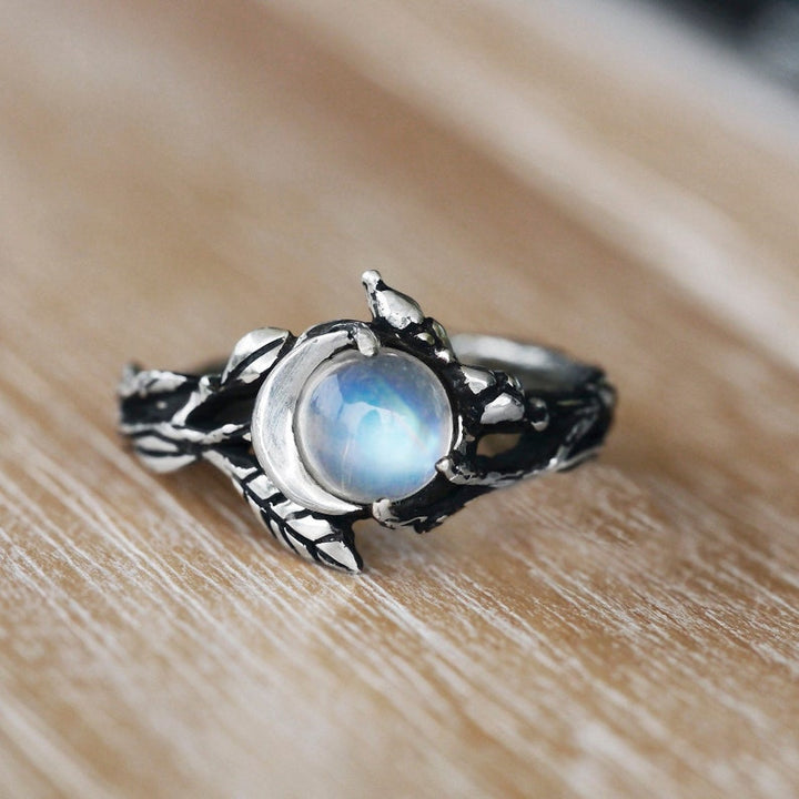 Silberner Drachenring mit Mondstein, handgefertigt, Vintage-Stil, Schmuck für Damen.