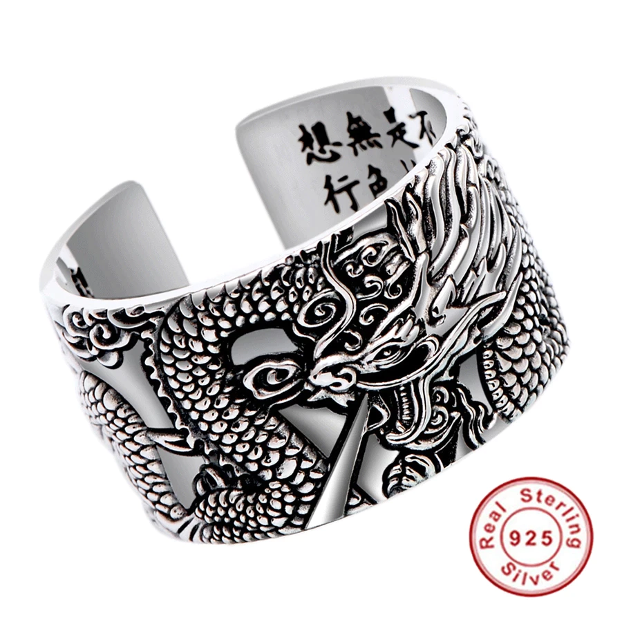 Silberner Drachenring, verstellbar, 925 Sterling Silber, chinesisches Design, Herren-Schmuck.