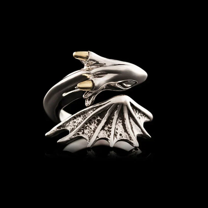 Silberner Drachenring mit goldenen Krallen, verstellbar, einzigartiges Design, Schmuck für Damen.