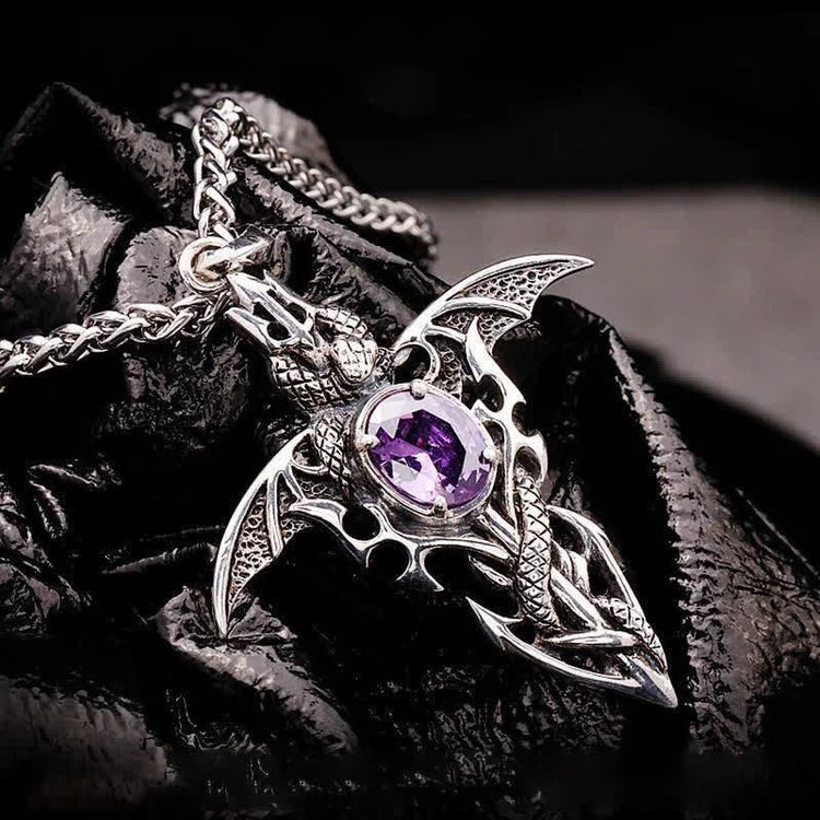 Silberner Drachenanhänger mit lila Kristall, gotischer Schmuck, Edelstahlkette.