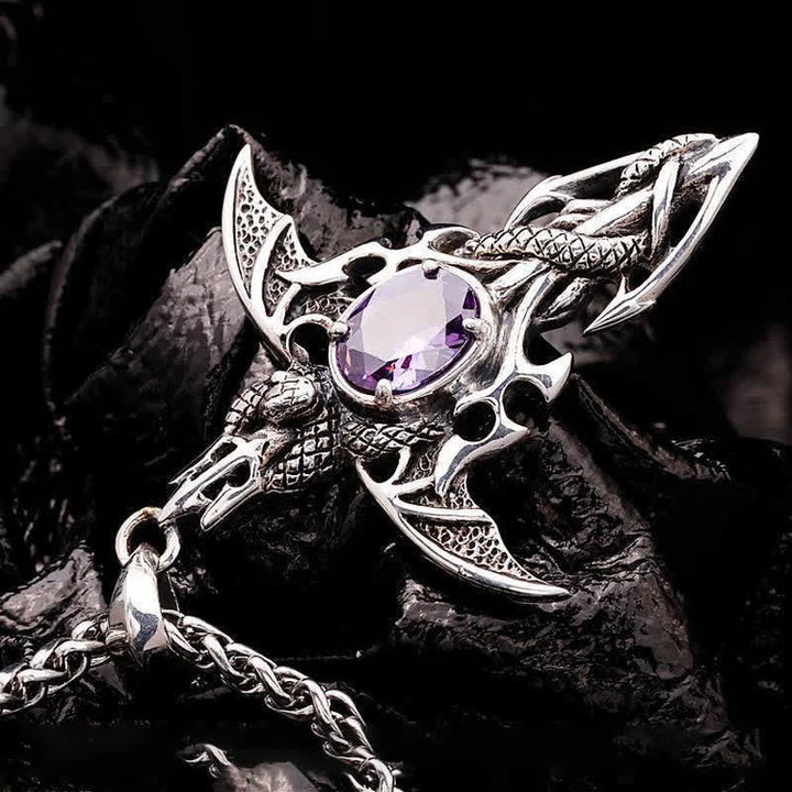 Silberner Wikinger-Anhänger mit lila Kristall, Drachenmotiv, keltisches Design, Schmuck für Herren.