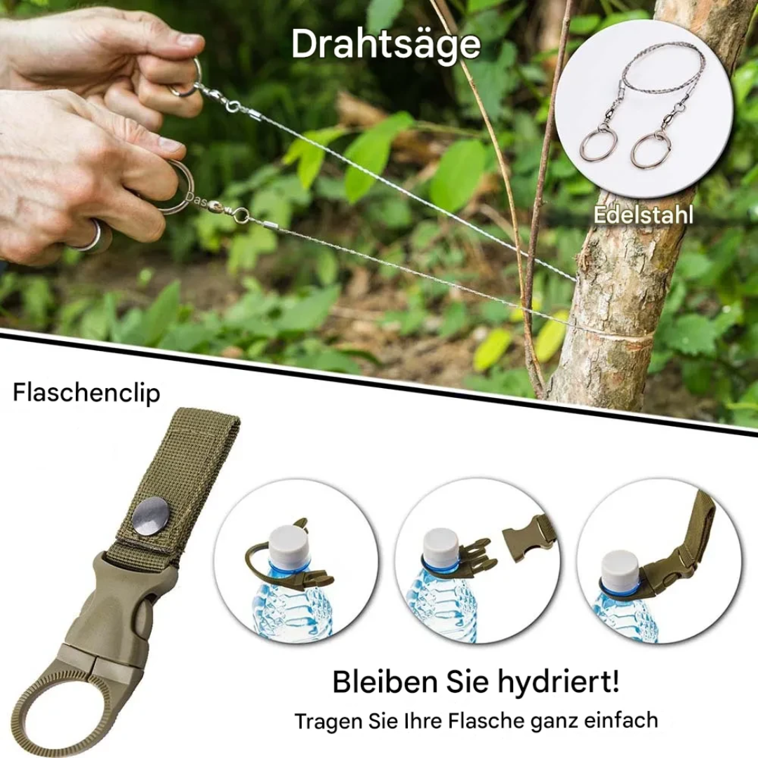 Drahtsäge Edelstahl, Flaschenclip, Outdoor Survival Werkzeug, tragbar, robust, vielseitig.