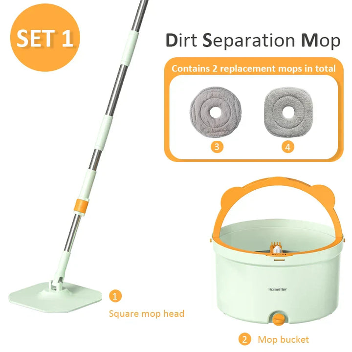 Set mit Schmutztrennungs-Mopp, quadratischer Moppkopf, Ersatzmopps, Eimer, weiß-orange.