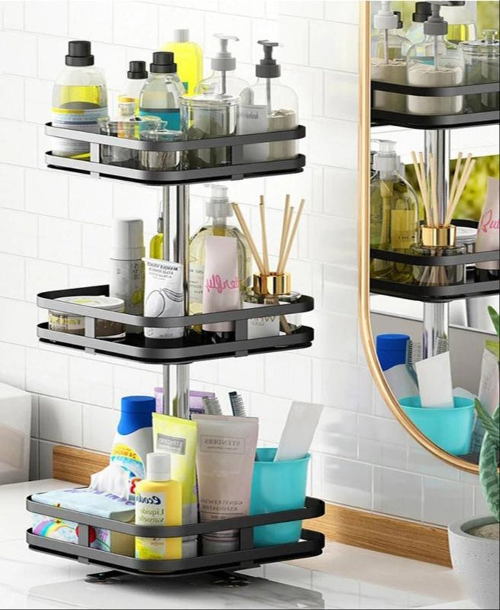 Schwarzes drehbares Regal für Badezimmer, 3 Ebenen, Aufbewahrung von Kosmetik und Pflegeprodukten.